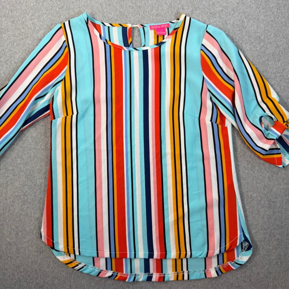 Sunny Leigh Women's Small Colorful Striped 3/4 Sleeve Blouse Keyhole Textured